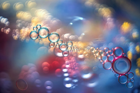 A vibrant and abstract background with a myriad of bubbles or circles of varying sizesの写真素材