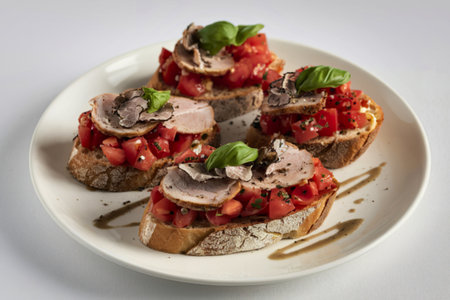 A photo of a white plate with bruschetta.の写真素材
