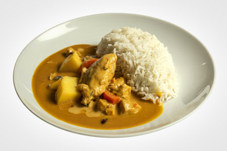 A photograph of a vibrant curry served on a white plate.の写真素材