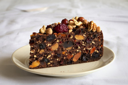 a slice of fruitcake on a white backgroundの写真素材