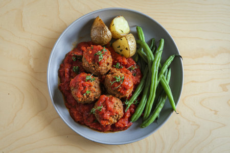 meatballs in tomato sauce, roasted potatoes, and green beansの写真素材