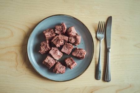 A photo of small chunks of meat on a plate.の写真素材