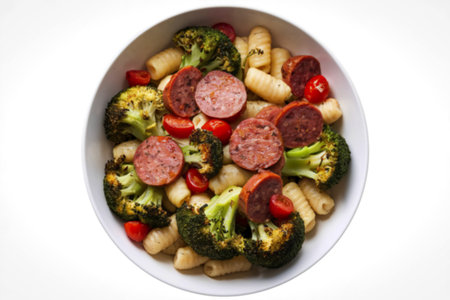a bowl containing pan-fried gnocchi mixed with grilled sausage slicesの写真素材