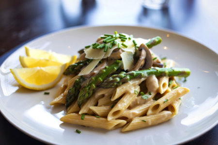a bowl of penne pasta with asparagusの写真素材