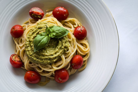 a white plate with spaghetti pastaの写真素材