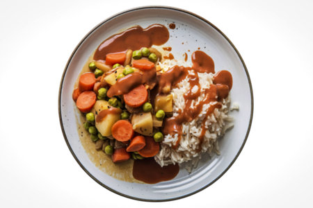 A photo of a plate with a vegetable stew accompanied by cooked rice and sauceの写真素材