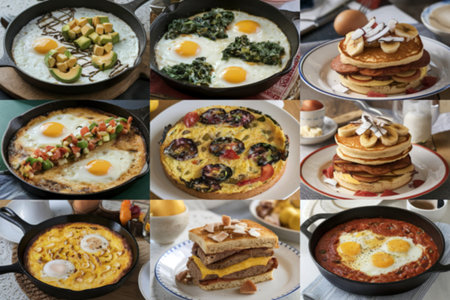 a collage of various breakfast dishesの写真素材