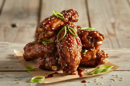 crispy chicken wings glistening with a rich, dark sauceの写真素材