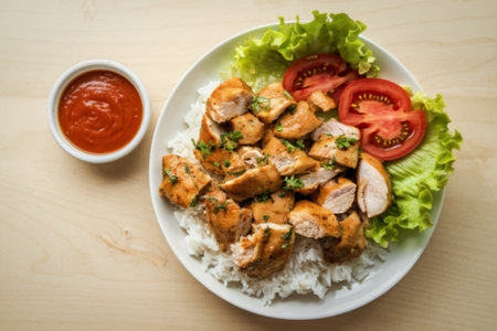 A photo of chunks of chicken with white riceの写真素材