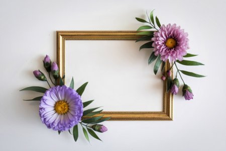 A photo of a rectangular golden frame set against a white backgroundの写真素材