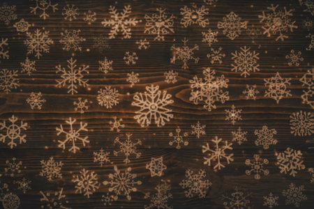 a dark, rustic wooden background with a myriad of snowflakesの写真素材