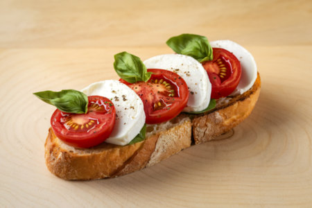 A photo of bruschetta with sliced cherry tomatoes, cheese mozzarella, and basil leavesの写真素材