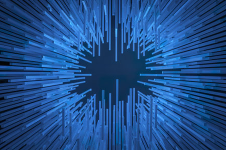 A photo of a dense array of blue, glowing, vertical linesの写真素材