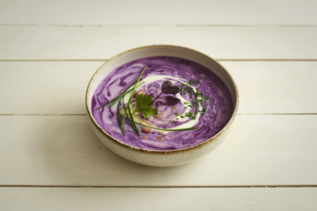 A photograph of a ceramic bowl filled with vibrant purple cabbage cream soupの写真素材