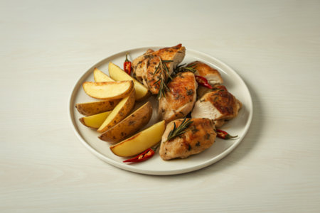 roasted chicken chunks and crispy potato wedges on a plateの写真素材
