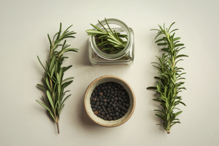 rosemary and peppercorns on a white background.の写真素材