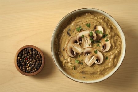 A photograph of a ceramic bowl filled with rich, creamy mushroom sauceの写真素材