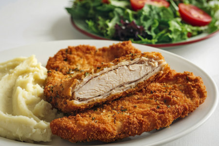 A cinematic shot of a breaded chicken schnitzel dinner on a white plateの写真素材