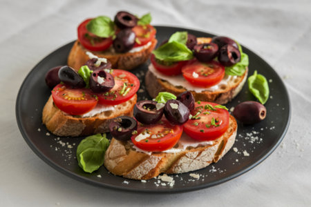 a slice of bread topped with olives, sliced cherry tomatoes, and fresh basil leavesの写真素材