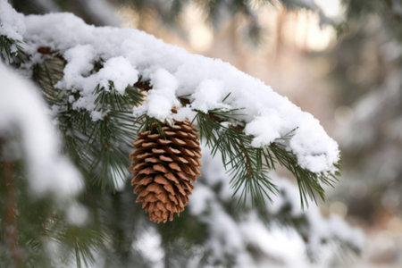 a snow-covered pine branch with a large brown pine coneの写真素材
