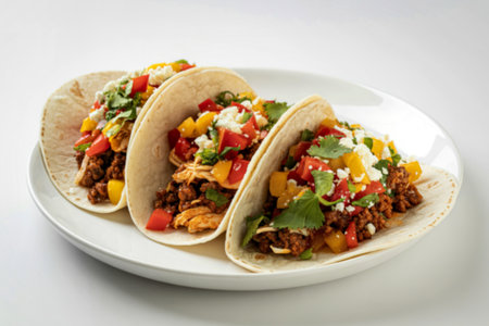 vibrant tacos arranged on a white plateの写真素材