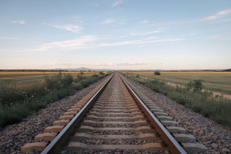 photo of an empty railway track under a clear skyの写真素材