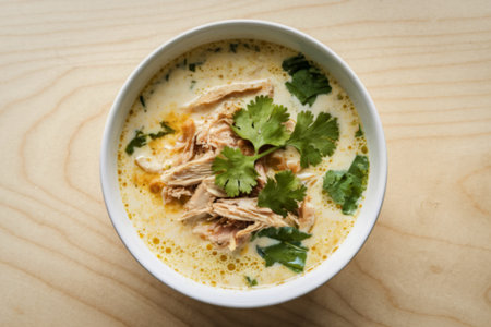 creamy chicken soup with shredded meatの写真素材