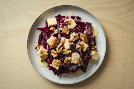 a shredded beetroot and diced cheese saladの写真素材
