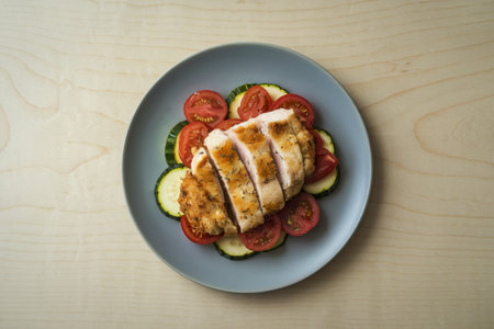 A photo of a plate of chicken with zucchini and tomatoes saladの写真素材