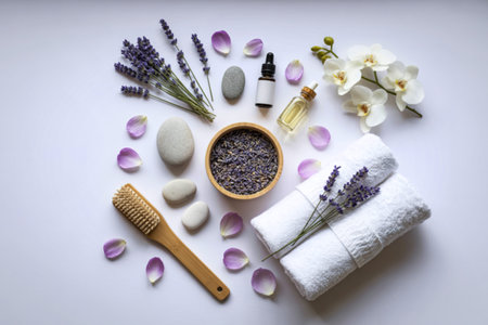 spa treatment items arranged artfully on a pure white background