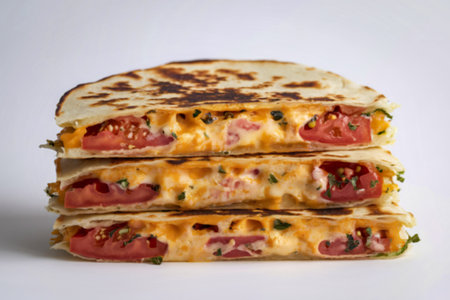 a quesadilla cut into two halves and stacked on top of each otherの写真素材