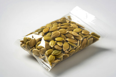 A product photograph of raw pumpkin seeds contained in a clear plastic bagの写真素材