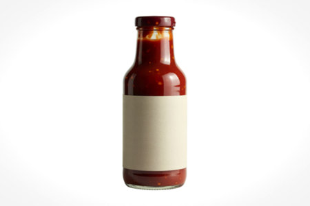 a glass bottle filled with vibrant red-orange sweet chili sauce