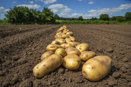 freshly harvested potatoes lying in a neat row on rich, dark brown soilの写真素材