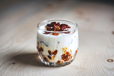 A photo of sweet homemade yogurt with raisins in a glass