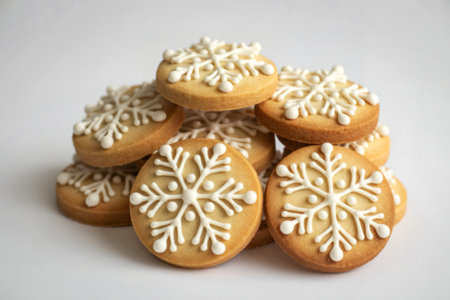 golden-brown cookies with intricate white icing designs