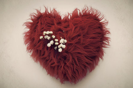a fluffy red heart-shaped object against a white background