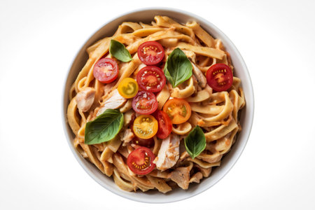 a bowl of pasta with tomatoes and basil, isolated on a white backgroundの写真素材