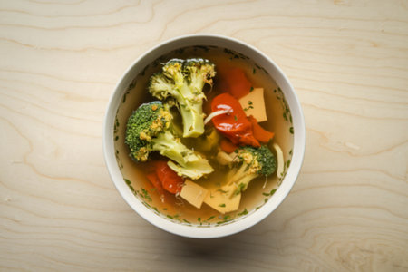 a vegetable broth containing pieces of broccoli and other ingredients.の写真素材