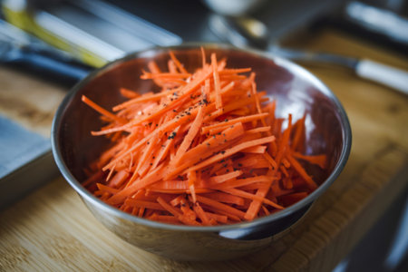 a bowl filled with julienned carrots.
