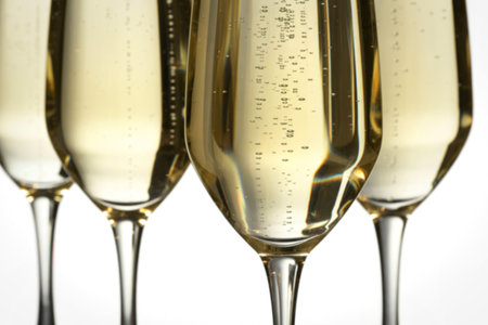 A close-up photograph of elegant champagne flutes filled with golden, effervescent champagneの写真素材