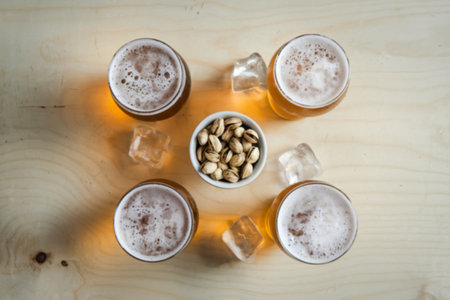 ice-cold beers and a small bowl of salted pistachiosの写真素材