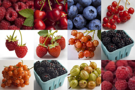 A collage showcasing an array of fresh berries and fruitsの写真素材