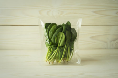 fresh baby spinach leaves contained in a clear, transparent plastic package