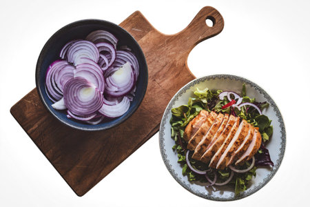 a bowl of sliced onions and a plate with a salad chicken breastの写真素材