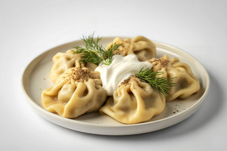 dumplings arranged on a white ceramic plateの写真素材