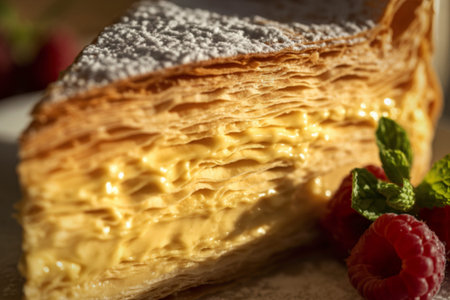 a delicate slice of layered pastry dessertの写真素材