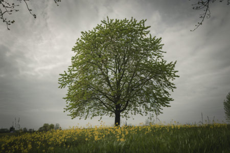 A photo of a tree with green leaves standing tall on green grassの写真素材