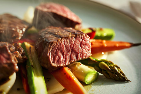 perfectly seared steak piecesの写真素材