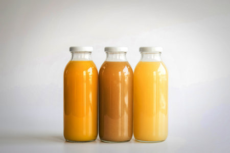 three glass juice bottlesの写真素材